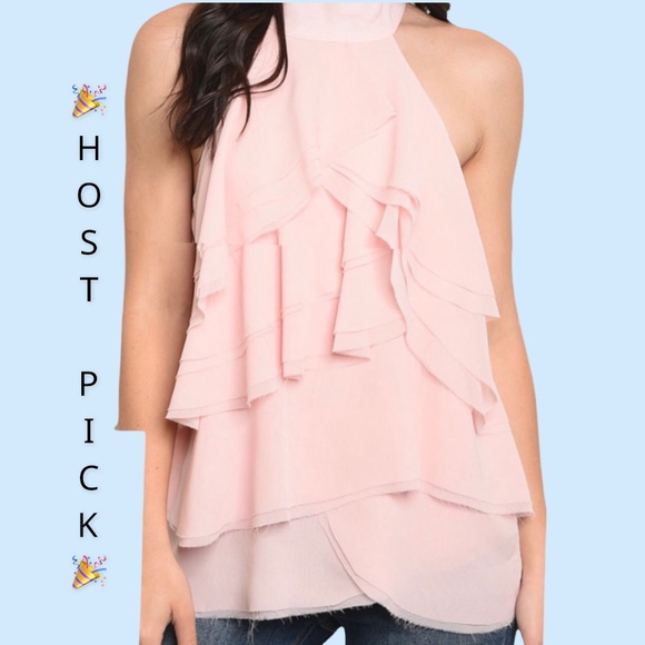 Tops - Soft Pink Mock Neck Ruffled Frayed Edging Sleeveless Top